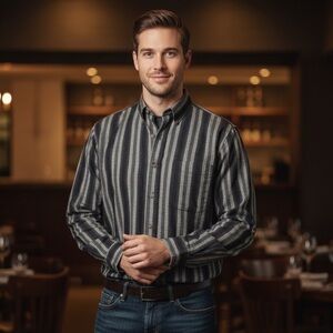 Vintage Flannel Striped Button-Up Shirt Cotton Black Gray Blue Business Casual M